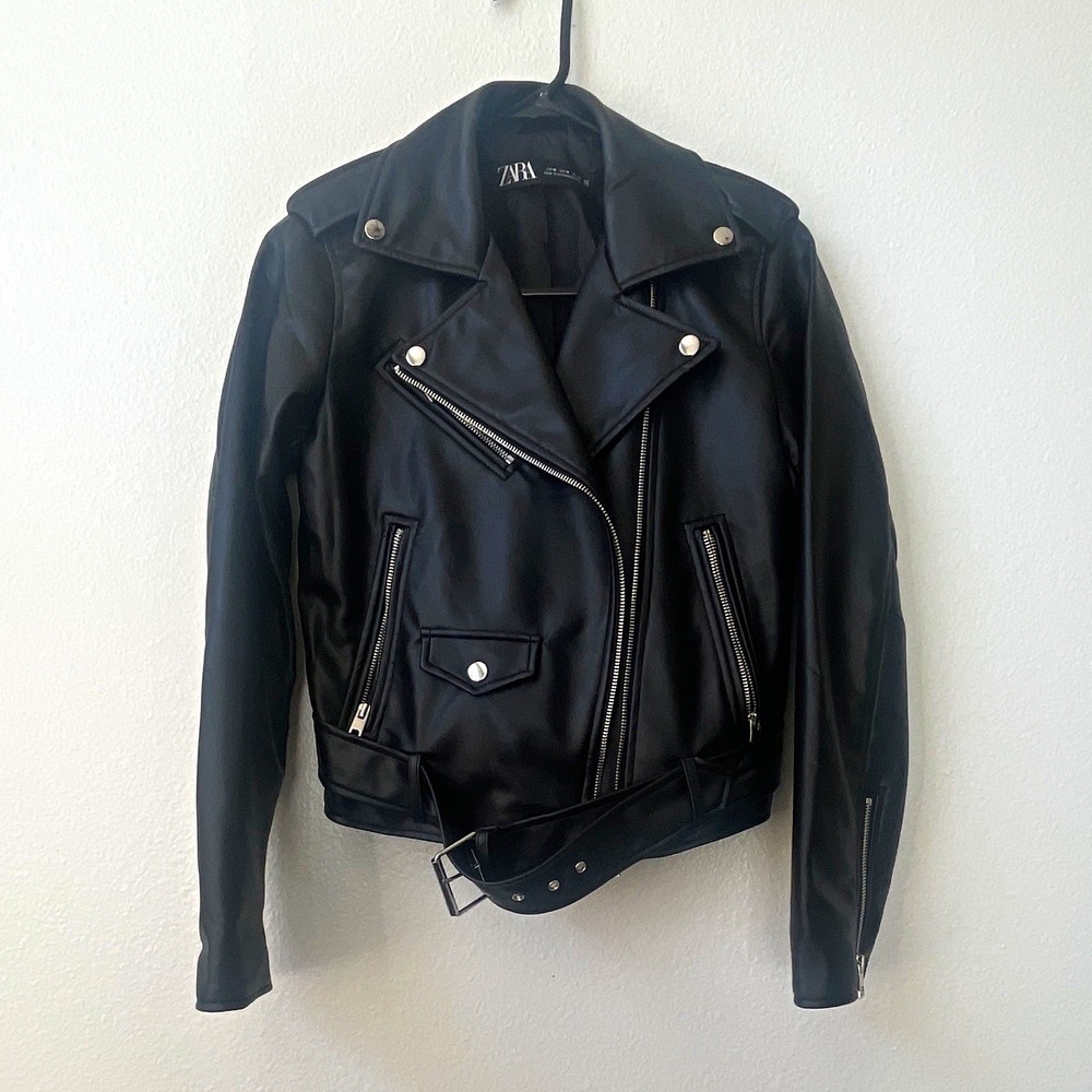 Zara Women's Black Faux Leather Moto Biker Jacket Belted Zip Pockets Size M